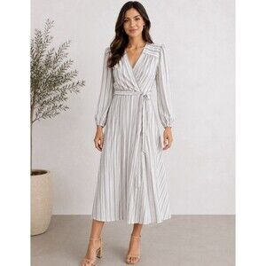 Calvin Klein Size 4 Wrap Style Midi Dress White Charcoal Stripe NWT Elegant Boho